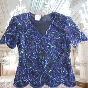 Stenay vtg. Beaded silk top special event scalloped black with blue beading Sz S